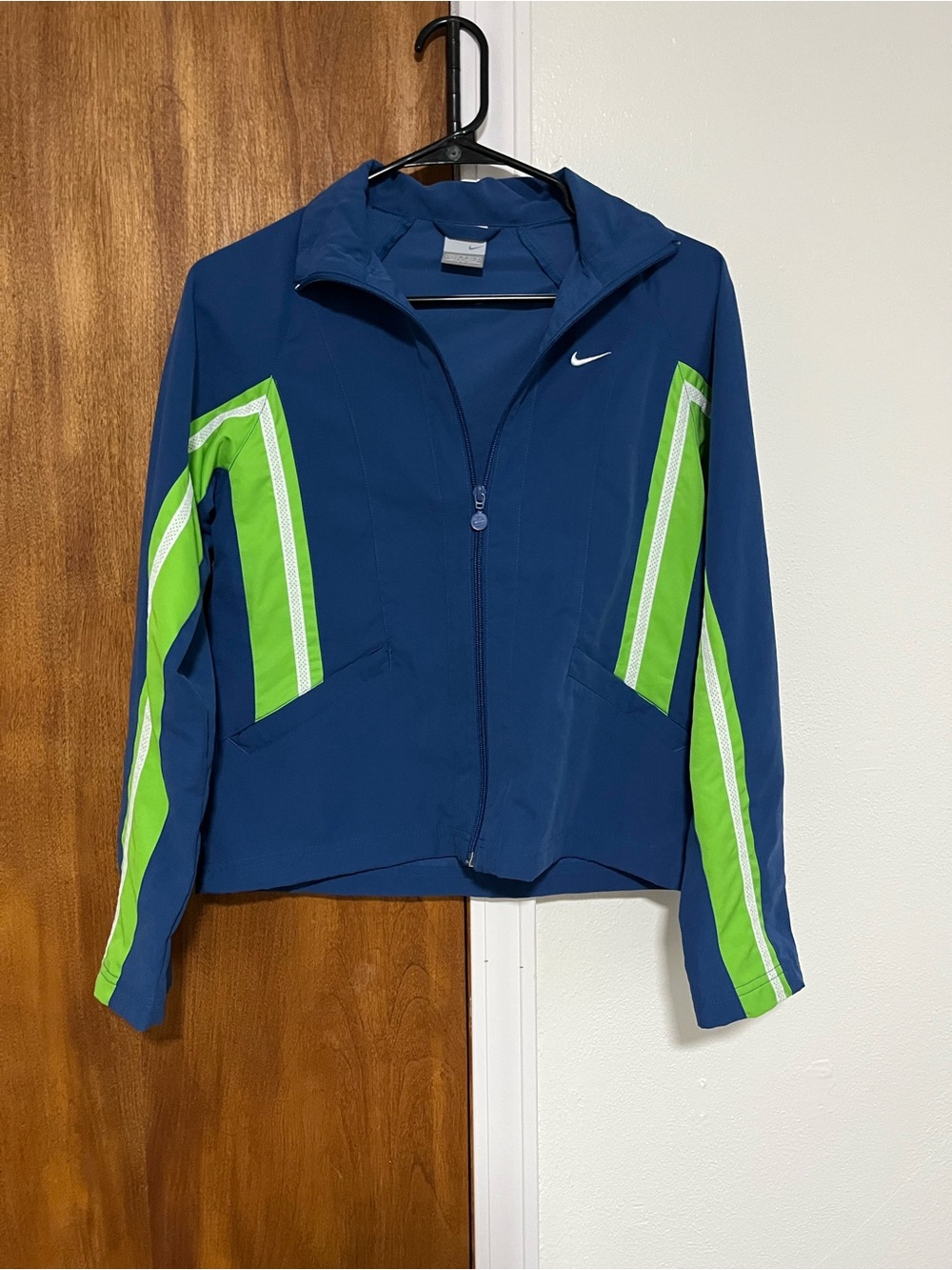 VTG 90s Nike Windbreaker Track Jacket Blue Neon Green Stripe Crop XS colorblock